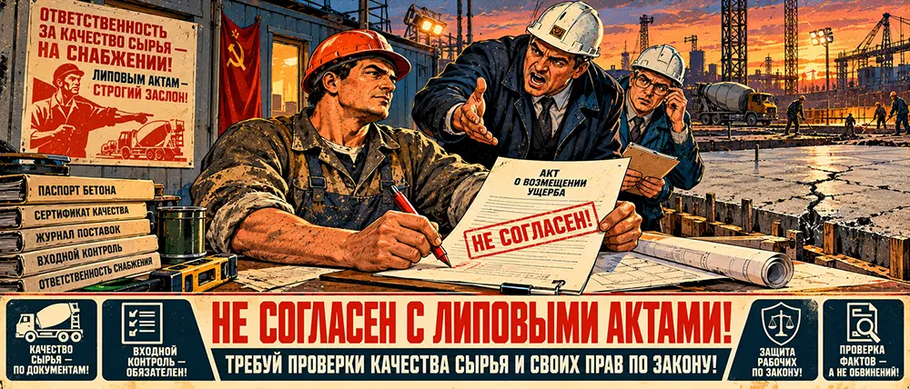 "Блок фундаментов пошел трещинами из-за разбавленного цемента, а прораб сует акт: "Подписывай, ты виноват, удержим из получки!"